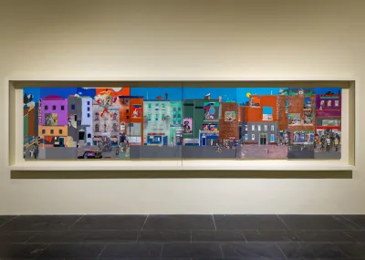 View of a large-scale collage showing a block of Harlem. 