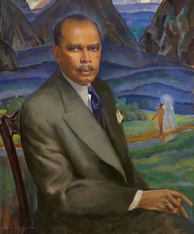 Portrait of James Weldon Johnson, a Black man who is seated in front of a lush landscape with a nude figure standing next to one cloaked in white. 