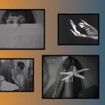 A collage of four film stills with the word 