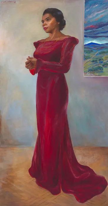 A full-length painted portrait of Marian Anderson, a Black woman in a red velvet evening gown. 