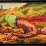 A realistic painting of a shirtless Black man lying contorted on the ground. He