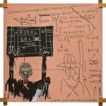 A square paintings by Jean-Michel Basquiat with two figures and several word on the canvas.