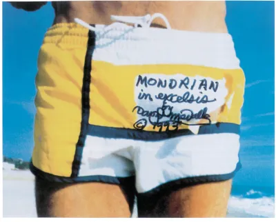 A close-up of a person wearing a yellow and white bathing suit. Written on top of the photograph is text reading 