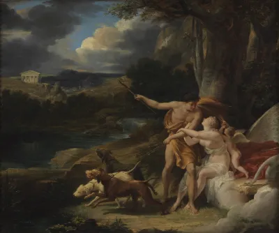 A mostly nude woman with a cherub grasping the arm of a man wrapped in an orange cloth. He holds one staff and points toward a faraway hill with a temple on it. In his other hand, he holds three dogs who try to run away.