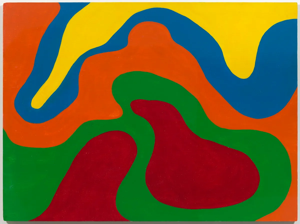 An abstract painting composed of wavy, inset maroon, green, orange, blue, and yellow forms.