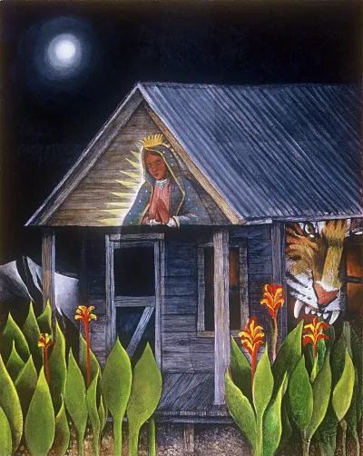 A painting of a house with an image of the Virgin Mary in its roof. The moon looms overhead, and flowering plants fill the yard.