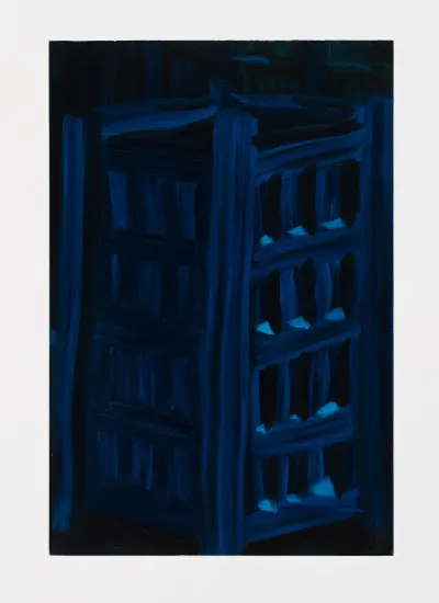 A deep blue painting of a section of a skyscraper.