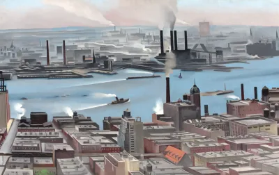 A slightly abstracted view of a river that splits an urban landscape in two. Low buildings are punctuated by a smokestack, and a steamboat speeds down the river.