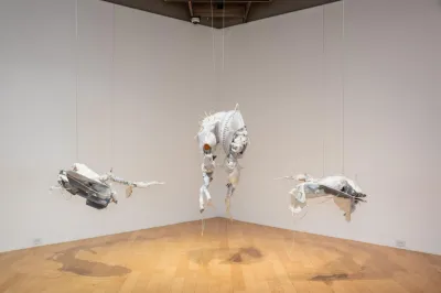 A group of appendage-like sculptures hanging in a gallery.
