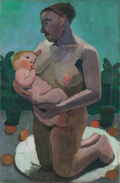 A painting of a nude woman holding a naked baby to her breast. She kneels on a circular structure with oranges all around her.