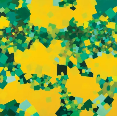 Blotches of mustard yellow that fracture into clusters of green and blue squares.