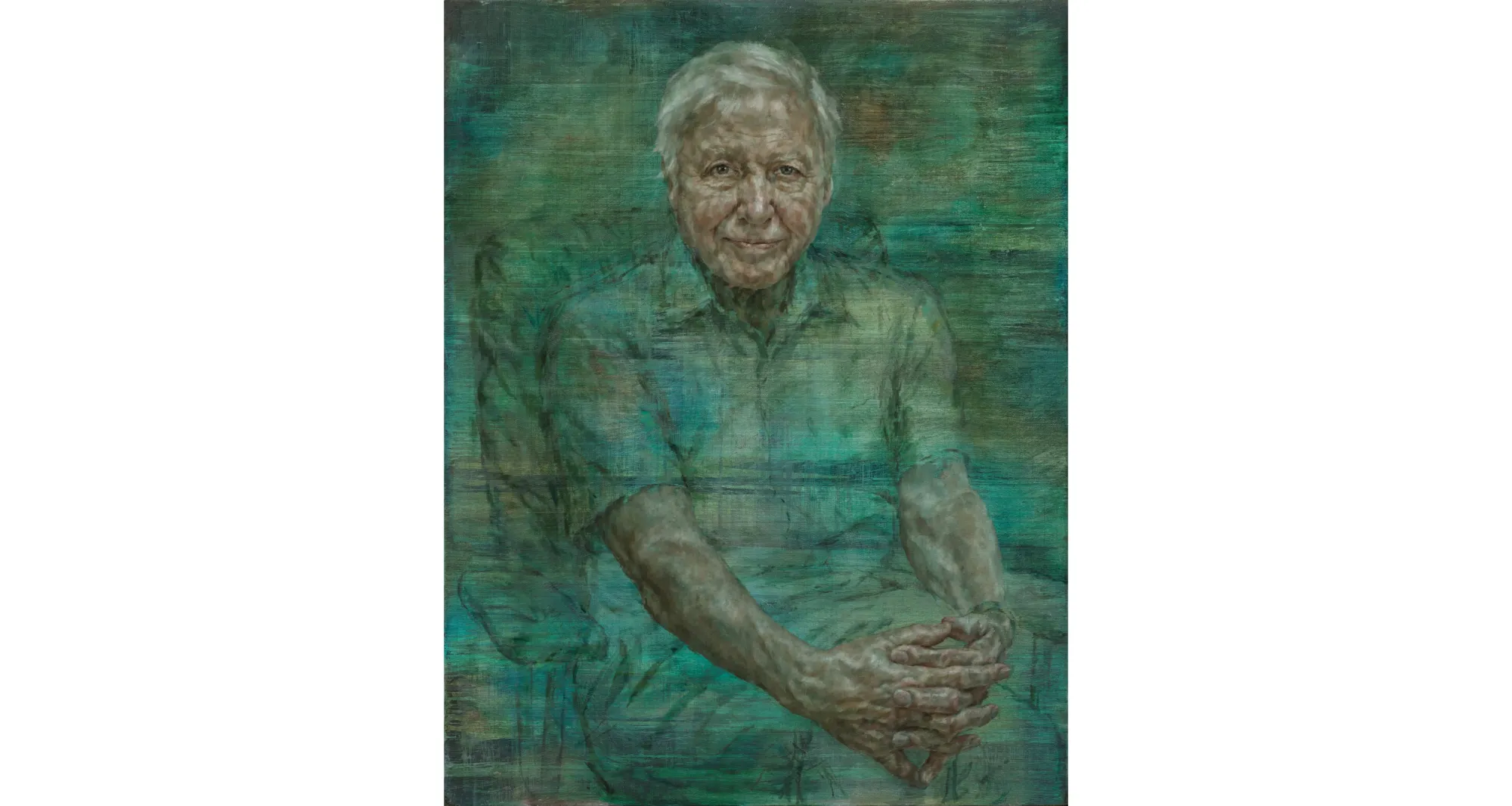 A portrait of David Attenborough by artist Jonathan Yeo. The main color is green. It was commissioned by the Royal Society.