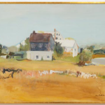 A somewhat blurry photograph shows a painting of a farm landscape with a few houses or barns and a field that is a rich golden brown.