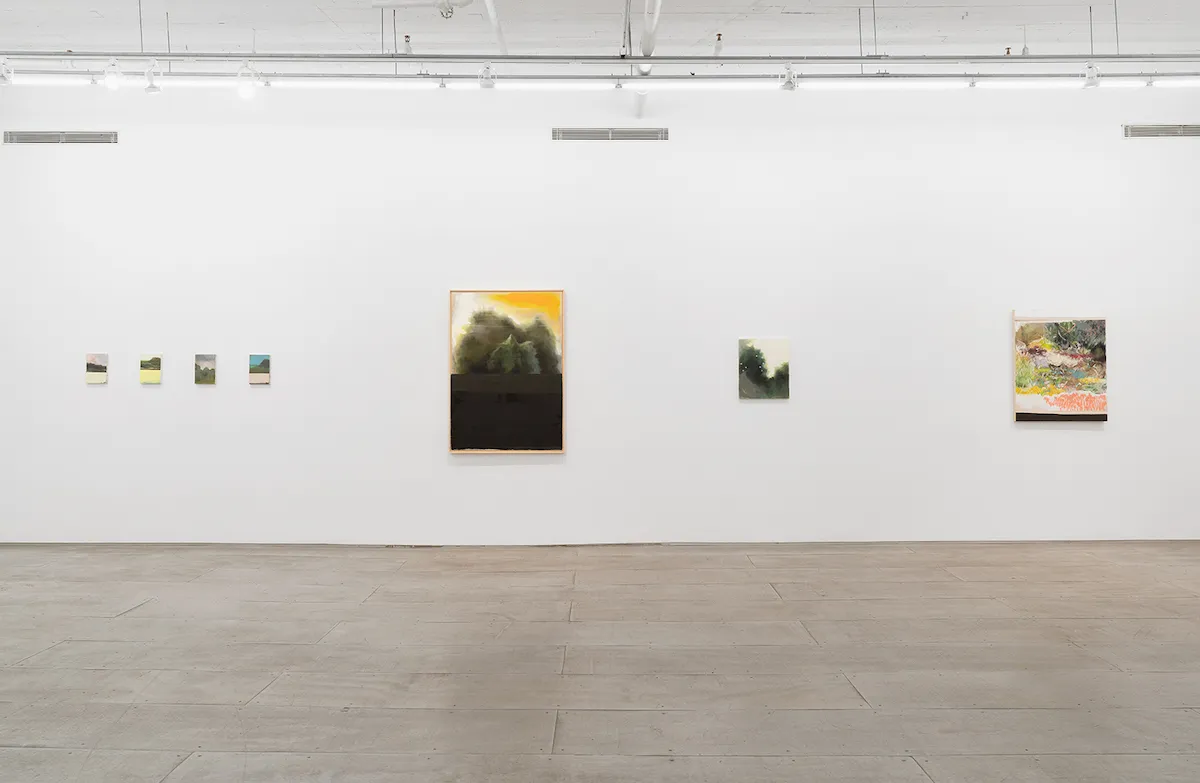 A group of abstract paintings in various sizes hanging on a wall.