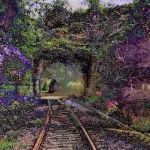 a pixelated digital image of train tracks going into a tunnel surrounded by purple and green foliage