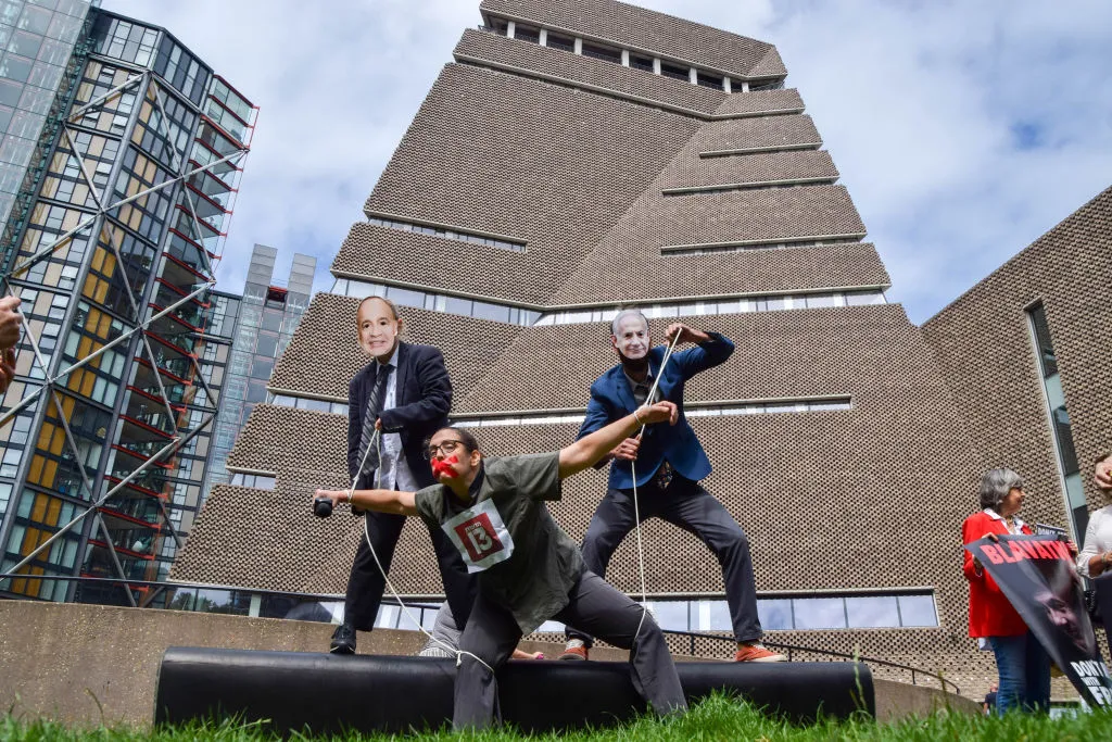 LONDON, UNITED KINGDOM - 2024/07/21: Protesters dressed as Blavatnik, Netanyahu and a gagged Channel 13 reporter stage a 