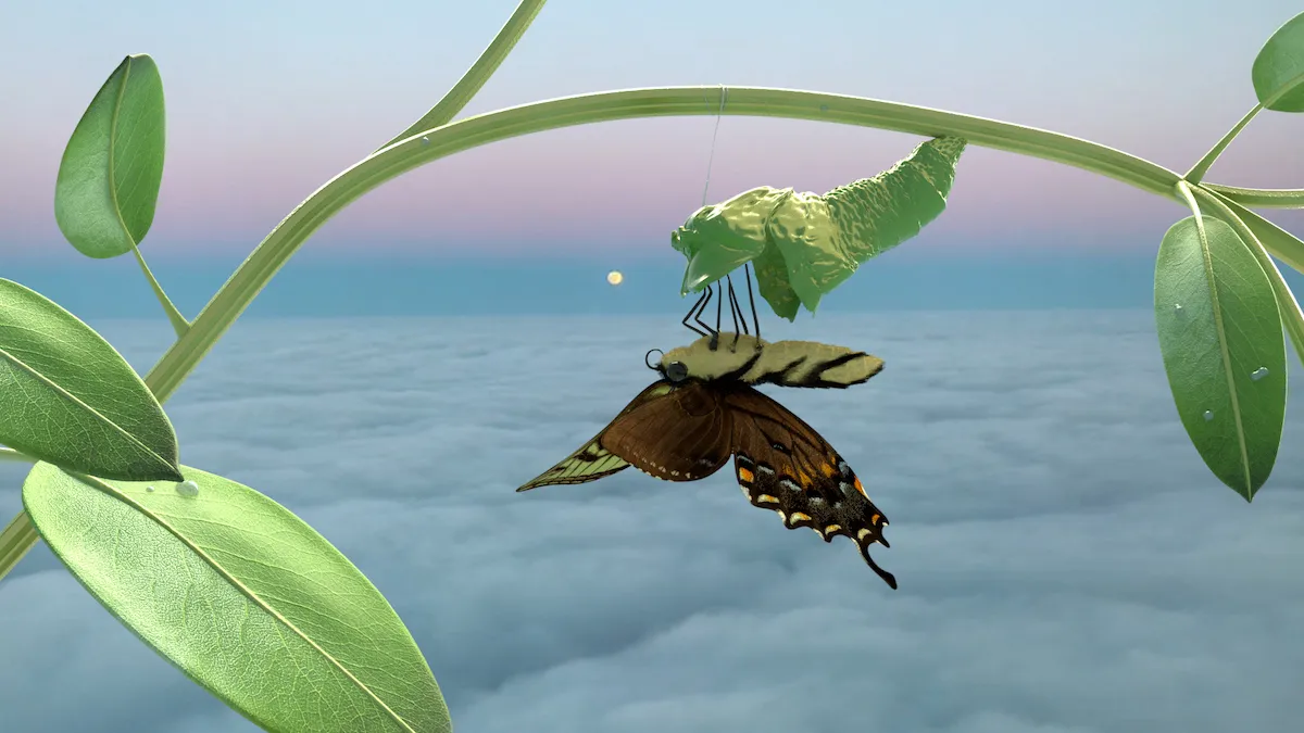 A digital rendering of a butterfly emerging from a cocoon above the clouds.