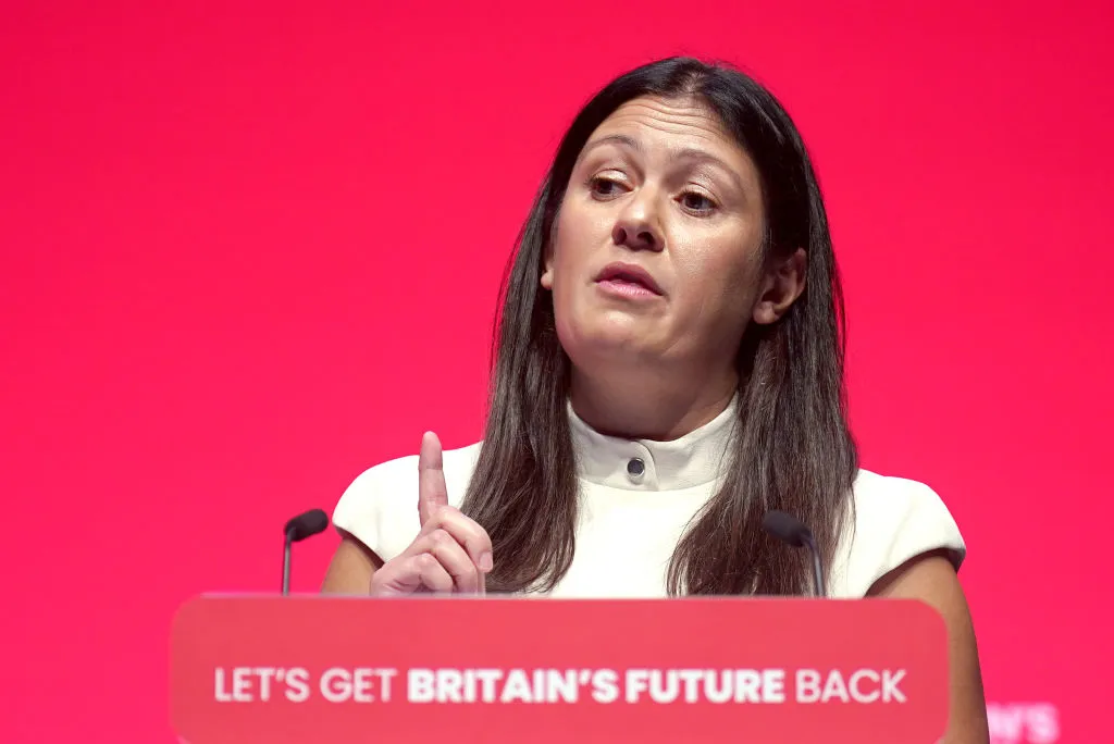 LIVERPOOL, ENGLAND - OCTOBER 9: Lisa Nandy MP, Shadow Cabinet Minister for International Development delivers a speech to party delegates on day two of the Labour Party conference on October 9, 2023 in Liverpool, England. Shadow Chancellor Rachel Reeves is among Labour MPs and Shadow Ministers addressing delegates on day two of party conference. (Photo by Christopher Furlong/Getty Images)