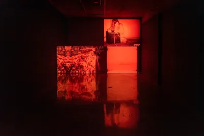 A red-toned video projection of a person unplugging a speaker. The projection appears above another abstracted image in a darkened room.