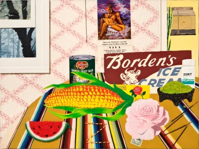 A painted still life showing a slice of watermelon, a corn husk, a rose, a package of Borden