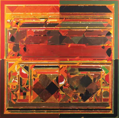 An abstract painting that has four sections.