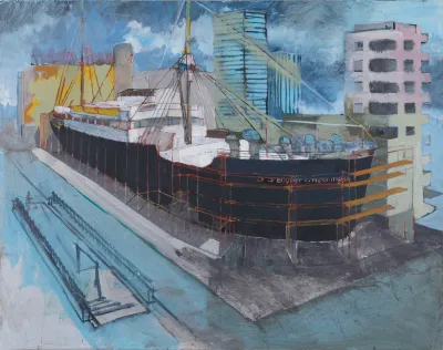 A painting of a large war ship in port with a brushy background including a few buildings behind it.