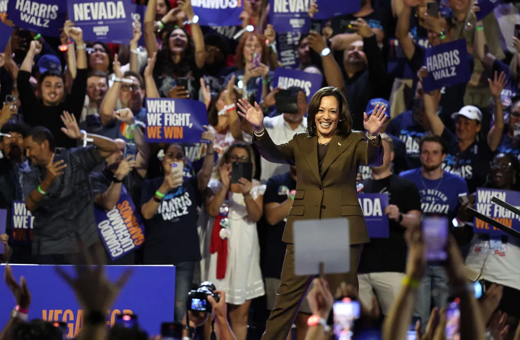 LAS VEGAS, NEVADA - SEPTEMBER 29: Democratic presidential nominee, Vice President Kamala Harris, walks onstage during a campaign rally at the Expo at World Market Center on September 29, 2024 in Las Vegas, Nevada. Harris and her opponent Republican nominee, former President Donald Trump have both been holding events in Nevada, a battleground state in the 2024 election. (Photo by Mario Tama/Getty Images)