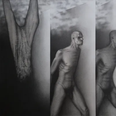 A gray-and-black-colored artwork divided into three parts showing a nude man where in one he is hanging upside down. 