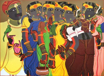 A painting showing a group of five women and a man they all have colorful garments on. 