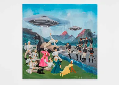 A painting showing an 18th-century British man on a horse being abducted by a UFO as soldiers try to shoot at it. At the center a woman in a pink dress stands calmly.