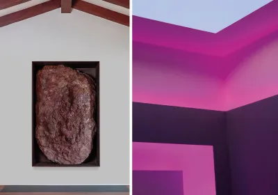 Composite image of a large work that is inset into a white wall in a home with a vaulted ceiling. The corner of a theater showing a light show by James Turrell with purple lights. 