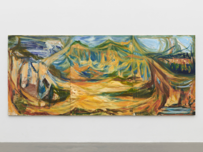 A three-part abstract painting showing what appears to be a landscape made from yellow, green, and blue strokes, with mountain-like peaks seen in the background.