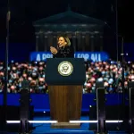 Democratic presidential nominee, U.S. Vice President Kamala Harris speaks during the closing rally of her campaign at the base of the iconic 