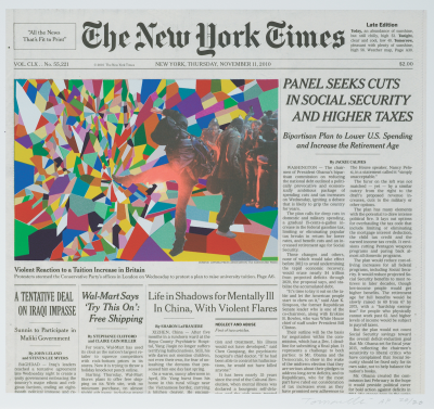 A front page of the New York Times newspaper with a colorful abstract image in place of a news photograph.