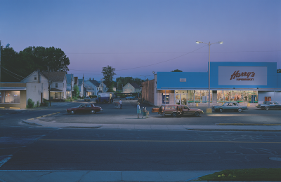 A hyperreal photograph of a supermarket parking lot.