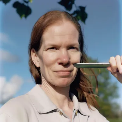 An AI-generated image of a woman holding a knife to her cheek.