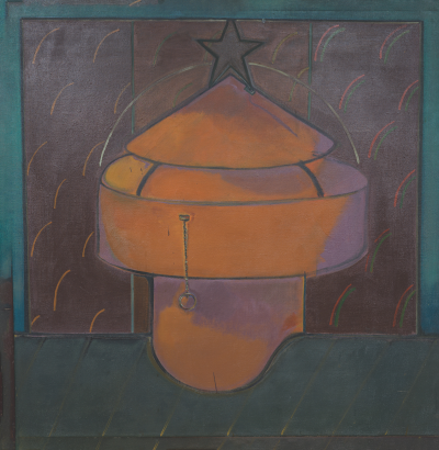 A painting of a what looks like a vent on a roof with a star perched on top.