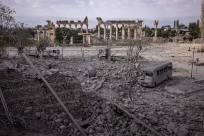 BAALBEK, LEBANON - NOVEMBER 7: A view of destruction to a hotel, walkway and shops from an Israeli airstrike which struck the day before in front of Baalbeks Unesco World Heritage site ancient ruins on November 7, 2024 in Baalbek, Lebanon. Israel has increasingly targeted Lebanon