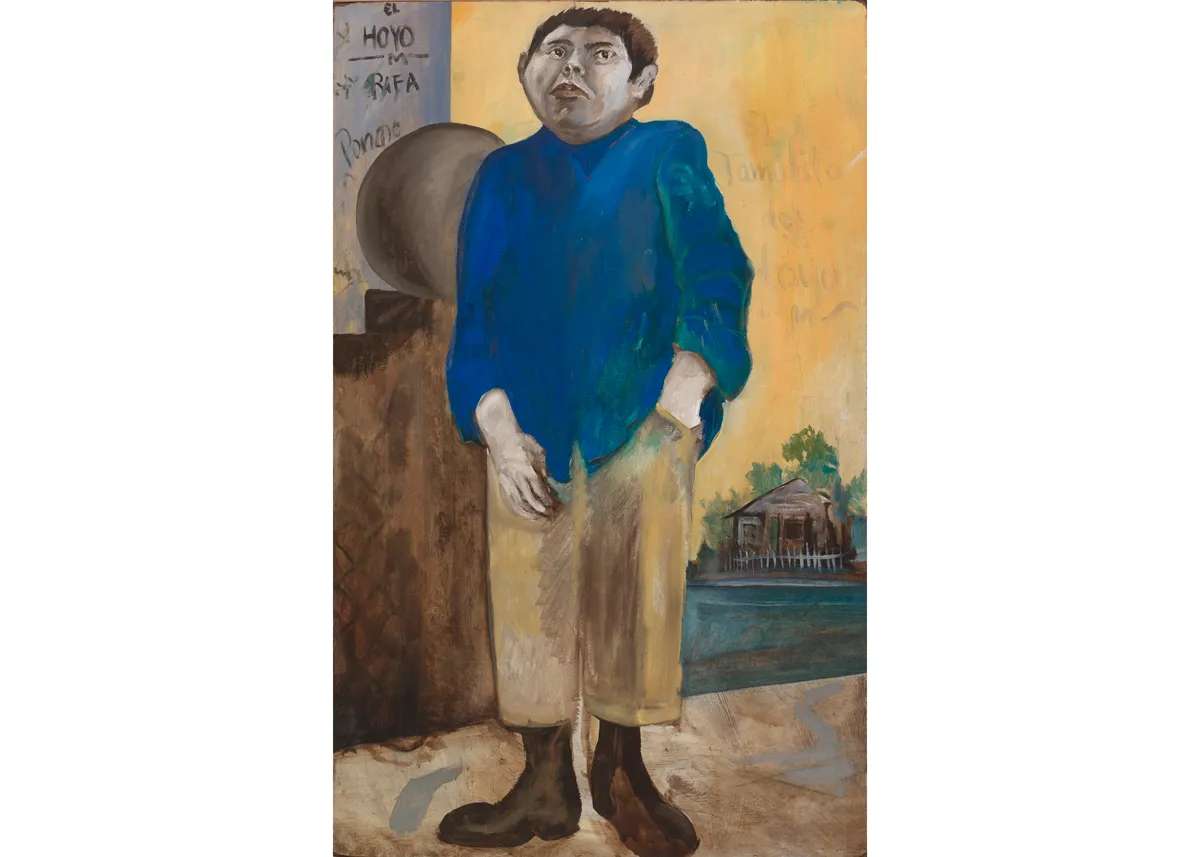 A painting of a man wearing a blue shirt and yellow pants. A house is seen in the distance.