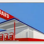 Gas station illustration in red and blue.