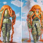 a double digital image of a red-haired woman, one with her back turned, the other facing the viewer.