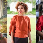 A triptych featuring, from left to right, a Black woman with short-cropped hair and glasses, a Black woman looking to her right and smiling in a green field, and a Black man wearing a bright red shirt.