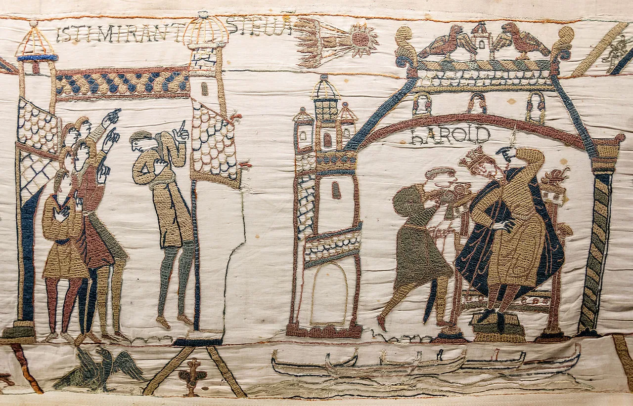 Scene 32 of the Bayeux Tapestry showing men staring at Halley